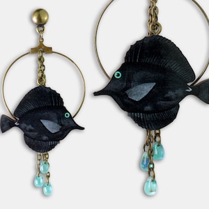 Whimsical wooden earrings studs "BLACKEST FISH" hoops lasercut vintage nautical gift ocean lover sea wildlife animal jewelry