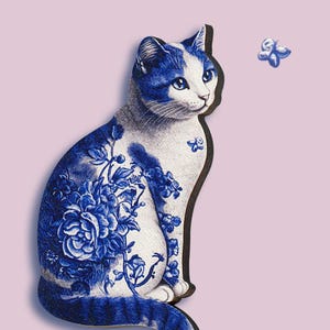 May include: A blue and white porcelain cat figurine with a floral design. The cat is sitting with its head turned to the side, looking at a small blue butterfly.