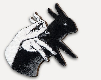 Wooden brooch pin vintage "SHADOW BUNNY" rabbit fingers galanty show shadow play hands fingers funny vintage gift wood