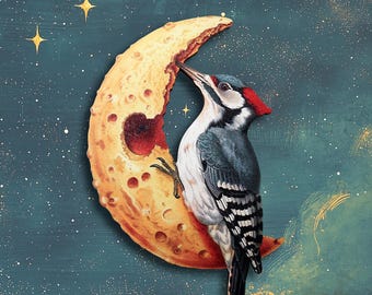WOODCRACKER ++ wooden brooch pin jewelry vintage style woodpecker pecker cracker surreal collage illustration bird gift woodland birds