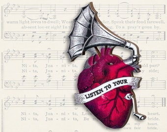 Whimsical wooden brooch pin "LISTEN 2 YOUR HEART" anatomical anatomic heart phonograph collage contemporary jewelry gift best friend