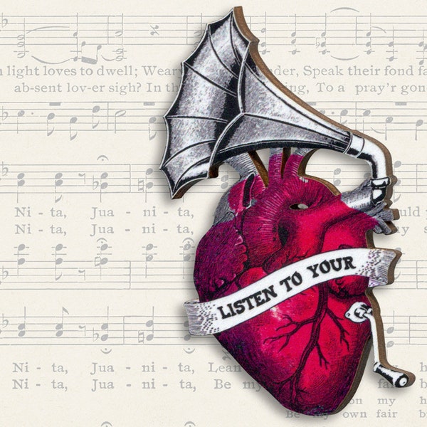 LISTEN 2 YOUR HEART ++ Brosche Anstecker Pin mit vintage-Motiv anatomisches Herz Liebe Grammophon Collage moderner Schmuck Kunst Holz