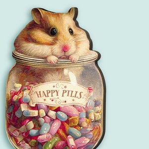 HAPPY PILLS ++ Whimsical wooden brooch pin vintage style gift birthday hamster in candy jar sweets sugar addict meds medicine collage wood