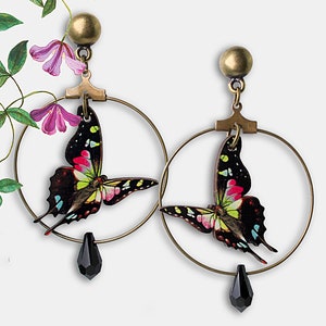 Whimsical wooden earrings studs "OTRA COSA, MARIPOSA" hoops lasercut vintage gift butterfly moth wings animal jewelry