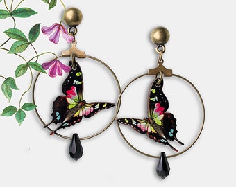 Whimsical wooden earrings studs "OTRA COSA, MARIPOSA" hoops lasercut vintage gift butterfly moth wings animal jewelry
