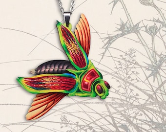 Statement whimsical wooden necklace "BUPRESTIS" vintage flying bug jewelry lasercut bright insect