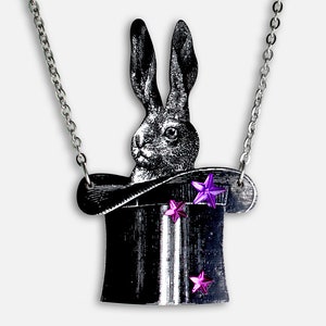 Whimsical wooden necklace "THIS IS WHERE..." pendant jewelry bunny white rabbit in the hat cylinder magic magician rockabilly