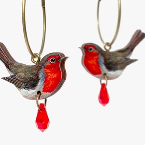 LOT D'OREILLES ROUGES ++ Boucles d'oreilles Créoles Robin Bird Fan Cadeau Pendentif Bijoux Collage Bois Lasercut Oiseau Sauvage Fête des Mères vintage