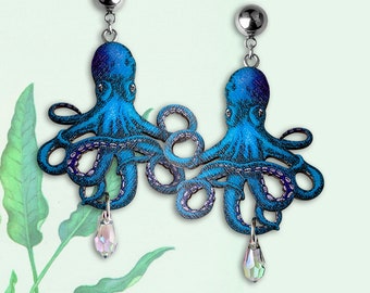 DEEP SEA TWILLING ++ Pendientes aretes vintage pulpo azul pulpo calamar tentáculos lasercut regalo de cumpleaños