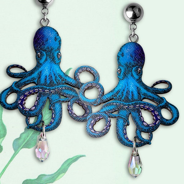 Whimsical wooden earrings studs "DEEP SEA TWINS" octopus kraken tentacles squid cuttlefish vintage gift present funny animal jewelry