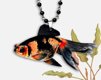 Statement whimsical wooden necklace "GOLDEN" vintage lasercut vintage goldfish black orange jewelry gift sea aquarium lover lasercut