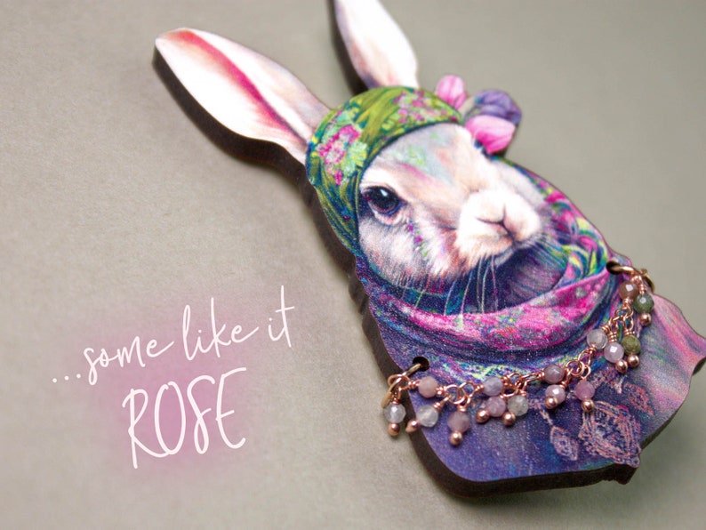 BUNNY BOHÈME whimsical wooden brooch pin rabbit boho ethno tulips hipster animals hippie flower power animals woodland jewelry broach image 3