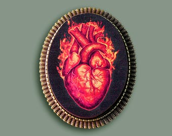 ON FIRE ++ small whimsical wooden brooch pin burning anatomical heart vintage style gift jewelry cute gift frame