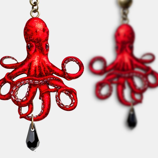 Whimsical wooden earrings studs "DEEP SEA TWINS" octopus kraken tentacles squid cuttlefish vintage gift present funny animal jewelry