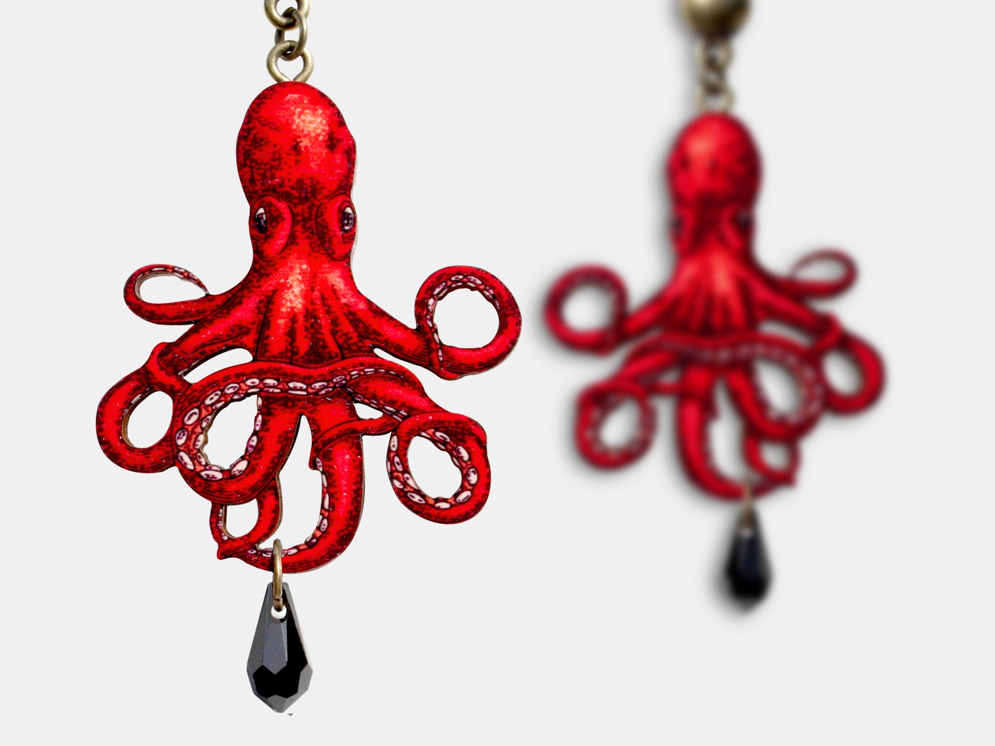 Whimsical wooden earrings studs "DEEP SEA TWINS" octopus kraken tentacles squid cuttlefish vintage gift present funny animal jewelry