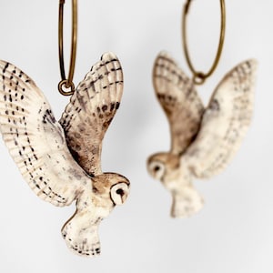 Whimsical wooden hoop earrings creole  "EAR U ME?" hoops lasercut gift vintage flying barn owl jewelry charm wood birds woodland