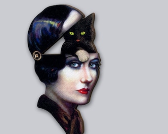 INFILTRIERT  ++ Brosche Anstecker Pin Katze Kopf Flapper 20er 30er Crazy Cat Lady Collage Schmuck vintage Holz Lasercut