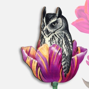 Wooden brooch pin vintage "TULIP CHAIR" vintage art nouveau déco owl bird gift lasercut tulip flower collage jewelry