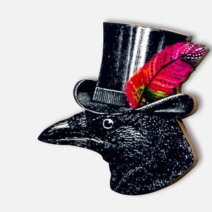 Whimsical wooden brooch pin "BIRD OF PASSAGE" raven crow jaunty cylinder hat wanderlust jewelry punk gothic funny gift