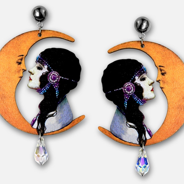 Whimsical wooden earrings "KISS THE MOON" dangling dangly earring  woman art-déco nouveau  20s 30s flapper lunatic crescent