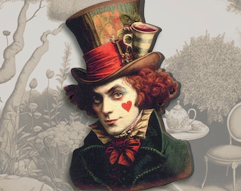 SIEMPRE LA HORA DEL TÉ ++ Broche Pin Sombrerero Loco Alicia en el País de las Maravillas Sombrerero Loco Regalo Joyería estilo vintage Ilustración Madera