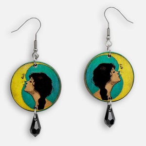 Whimsical wooden earrings "LUNATIC" dangling dangly earring  woman art-déco nouveau  20s 30s flapper moon kiss