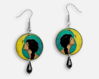 Whimsical wooden earrings "LUNATIC" dangling dangly earring  woman art-déco nouveau  20s 30s flapper moon kiss