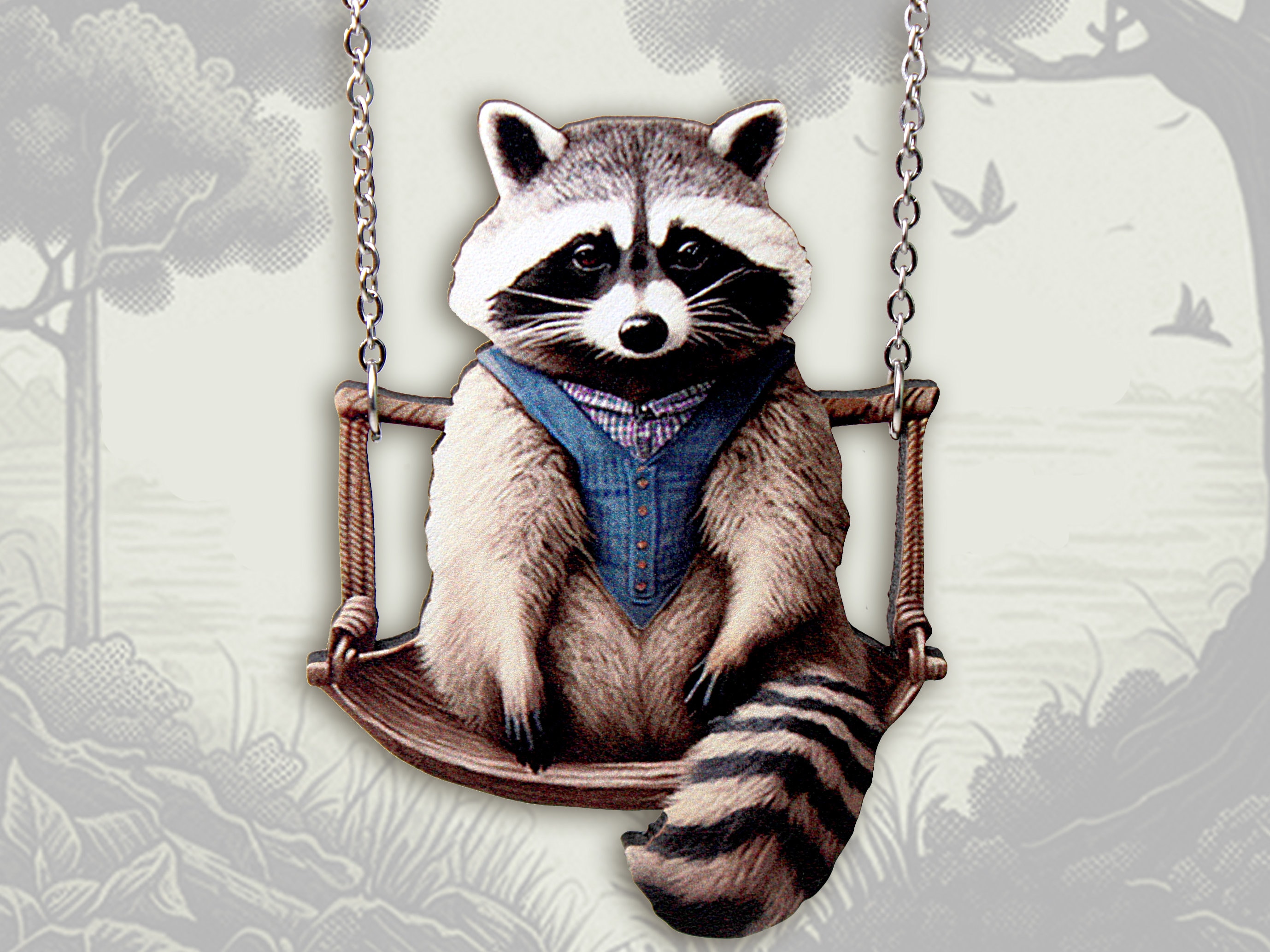 HANG ON ++ Statement Whimsical Wooden Raccoon on Swing HANG ON ++ Statement Whimsical Wooden Raccoon on Swing