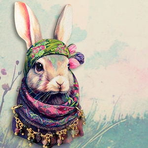 BUNNY BOHÈME Brosche Anstecker Pin vintage Hase Kaninchen boho ethno Tulpen Hippie hipster animals Tiere Holz Schmuck Ostern Geschenk Bild 1