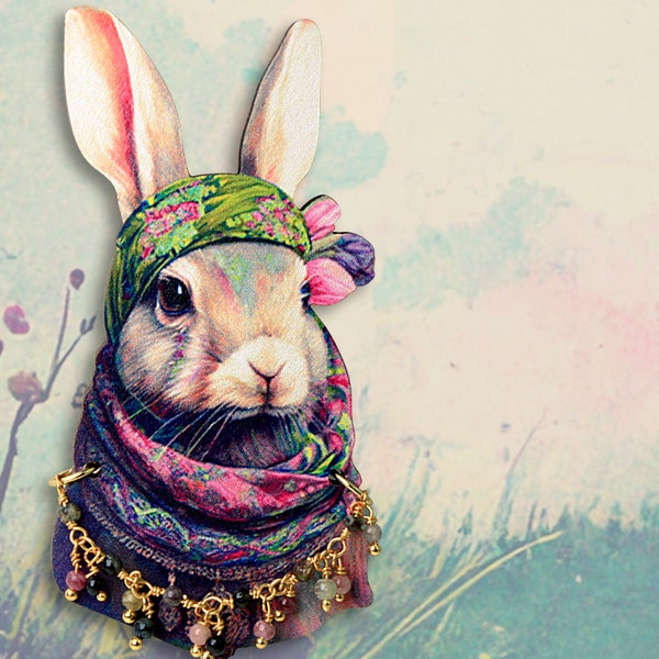 BUNNY BOHÈME ++ broche broche vintage bunny rabbit boho ethno tulipes hippie hipster animaux animaux bois bijoux cadeau de Pâques