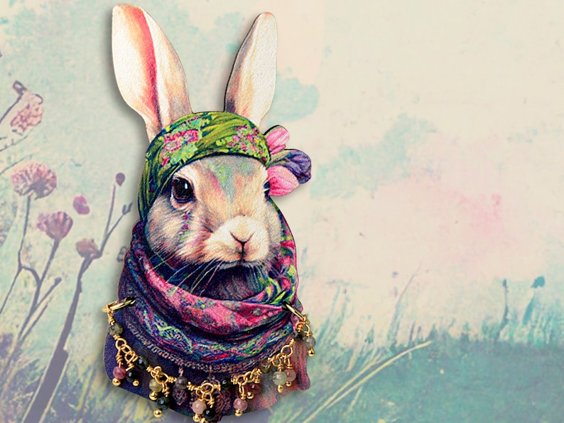 BUNNY BOHÈME whimsical wooden brooch pin rabbit boho ethno tulips hipster animals hippie flower power animals woodland jewelry broach image 1