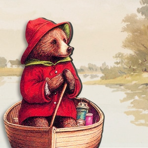OF BEARS&#39;n&#39;BOATS ++ Whimsical wooden brooch pin vintage style illustration gift birthday jewelry brown bear sailboat sail boat raincoat