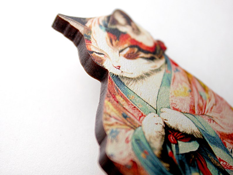 DON'T HESITATE MEDITATE Whimsical wooden brooch pin vintage style gift birthday jewelry meditation cat kimono yoga japan image 2