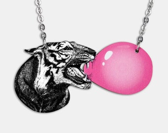 Statement whimsical wooden necklace "TIGERGUM" vintage tiger bubble gum 80s