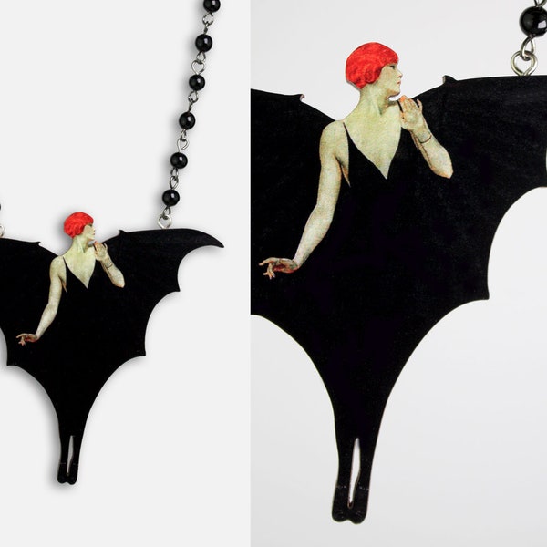 Statement whimsical wooden necklace "BATGIRL" bat costume vampire woman illustration halloween art déco nouveau gothic victorian burlesque