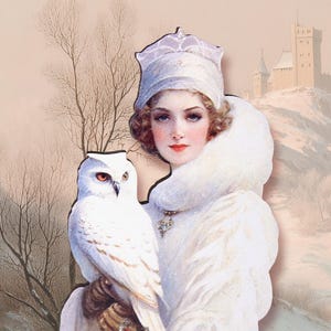Puede incluir: Ilustración vintage de una mujer con abrigo y sombrero de piel blancos, sosteniendo un búho blanco. El fondo presenta un paisaje invernal con un castillo y árboles desnudos, evocando una estética romántica clásica.