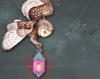 THERE-IS-A-LIGHT ++ Grande broche Hibou Effraie des clochers Lanterne Animal Oiseau Fan Cadeau Pendentif Bijoux Collage Bois Lasercut