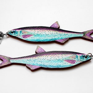 Whimsical wooden earrings studs "SOMETHING FISHY" sardine fish jewelry gift lasercut wood ocean sea side