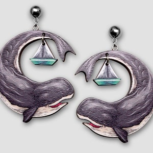 Whimsical woodenearrings creole  &quot;WHALE TOY&quot; lasercut gift vintage sail boat collage jewelry vacation ocean sea nautical fish