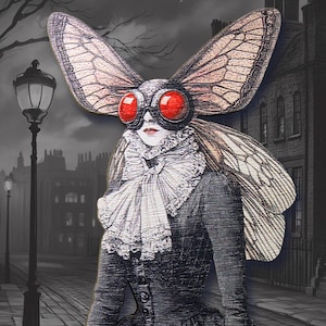 Könnte beinhalten: Vintage-Illustration einer Person mit mottenartigen Flügeln und rot getönten Brillen. Die Figur trägt ein dunkles Outfit aus der viktorianischen Ära, vor einer grauen Straßenkulisse mit Laternenpfahl und Gebäuden.