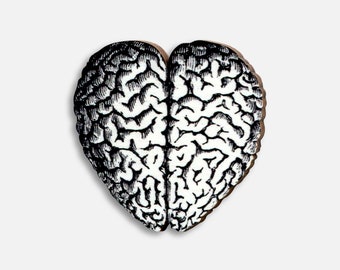 Whimsical wooden brooch pin &quot;HEAD VS. HEART&quot; vintage anatomic brain