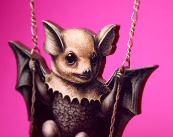 BATS JUSTWANNAHAVE FUN ++ statement whimsical wooden cute bat on swing necklace lasercut vintage style jewelry wood art gift dracula vampire
