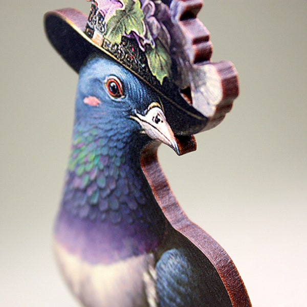 SPRUCED UP ++ whimsical wooden brooch pin vintage styled pigeon bird with top hat flowers hipster city animals collage gift