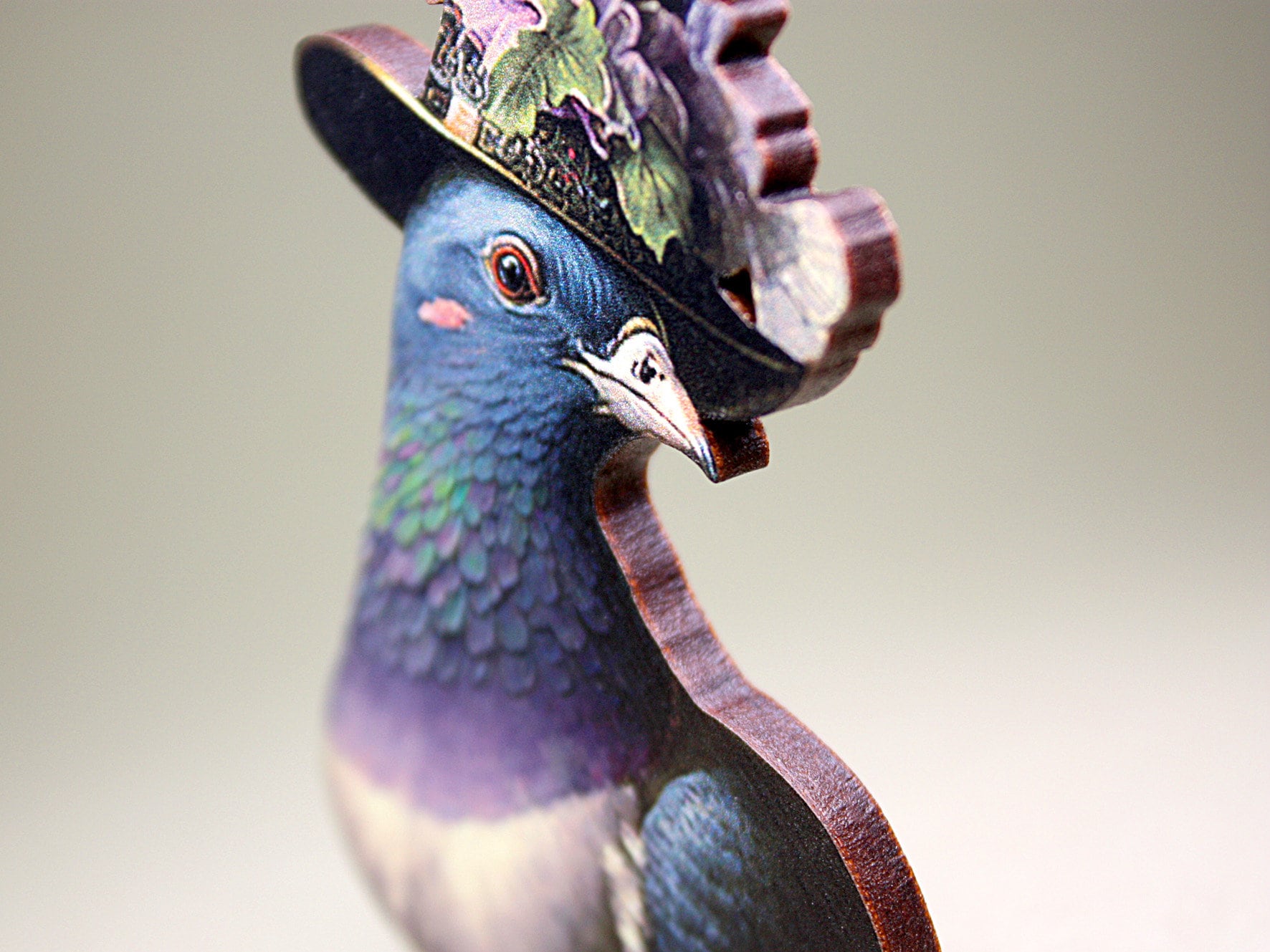 SPRUCED UP ++ whimsical wooden brooch pin vintage styled pigeon bird with top hat flowers hipster city animals collage gift