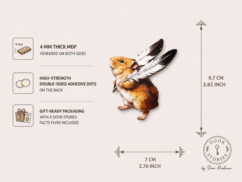 May include: A brown hamster wall decal holding two white and black feathers. The product is 4 mm thick MDF, measures 9.7 cm by 7 cm, and includes high-strength double-sided adhesive dots and gift-ready packaging with a facts flyer.