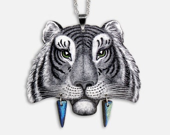ALWAYS FLOSS ++ large statement necklace vintage saber-toothed tiger gift best friend funny gift prehistoric animal wooden jewelry