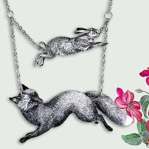 Whimsical wooden necklace "FOX & RABBIT (XL)" bunny jewelry pendant gift easter gift wood animal fairy tale