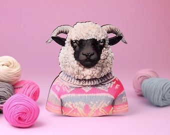 SELFMADE ++ Whimsical wooden brooch pin jewelry black nose sheep vintage style gift birthday surreal knitted wool sweater flowers hippie
