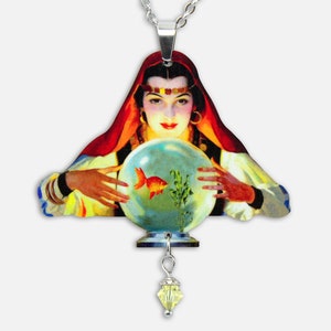 FORTUNE FISH ++ Ketting met vintage motief helderziende waarzegster goudvis goudvissenkom flapper kostuum laser gesneden Beste voorzichtigheid, sieraden