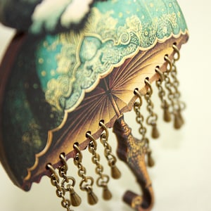 GLDN SHWR ++ large wooden brooch pin vintage style gift collage umbrella rain shower cloud lasercut wood